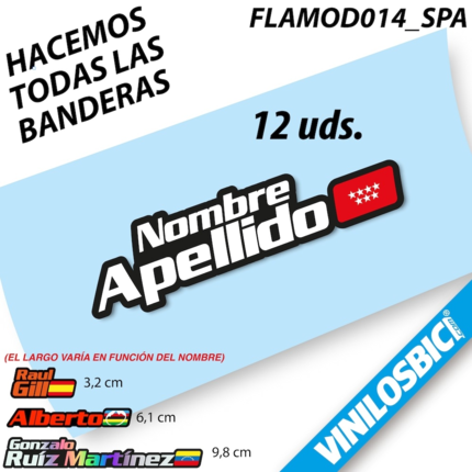 Pegatinas con Nombre Bici y Bandera España personalizadas kit vinilos adhesivos casco nombre con bandera